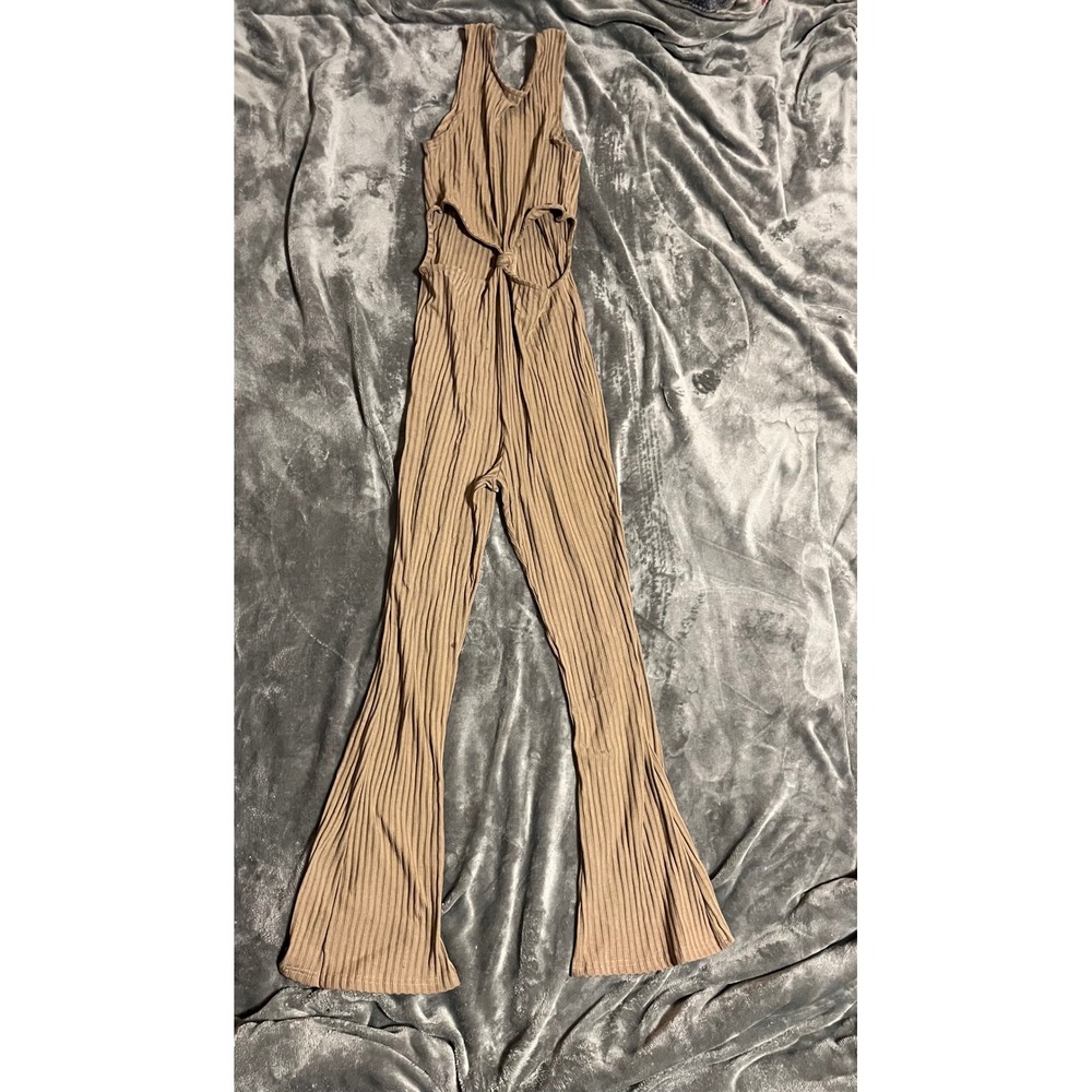 Say What? Tan Ribbed Sleeveless Cutout Knot Front Flared Leg Jumpsuit Large